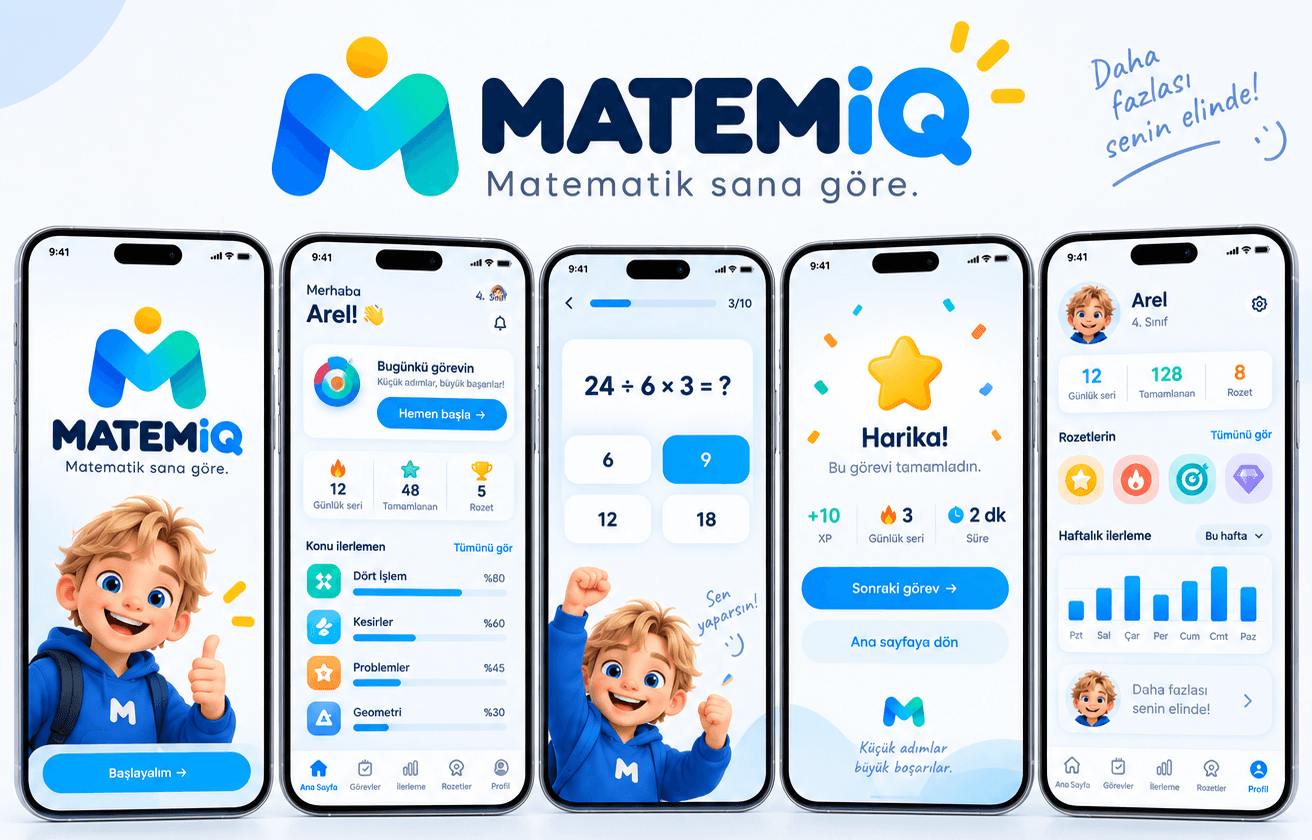 MATEMIQ mobil uygulamasının giriş, görev, başarı ve gelişim ekranları